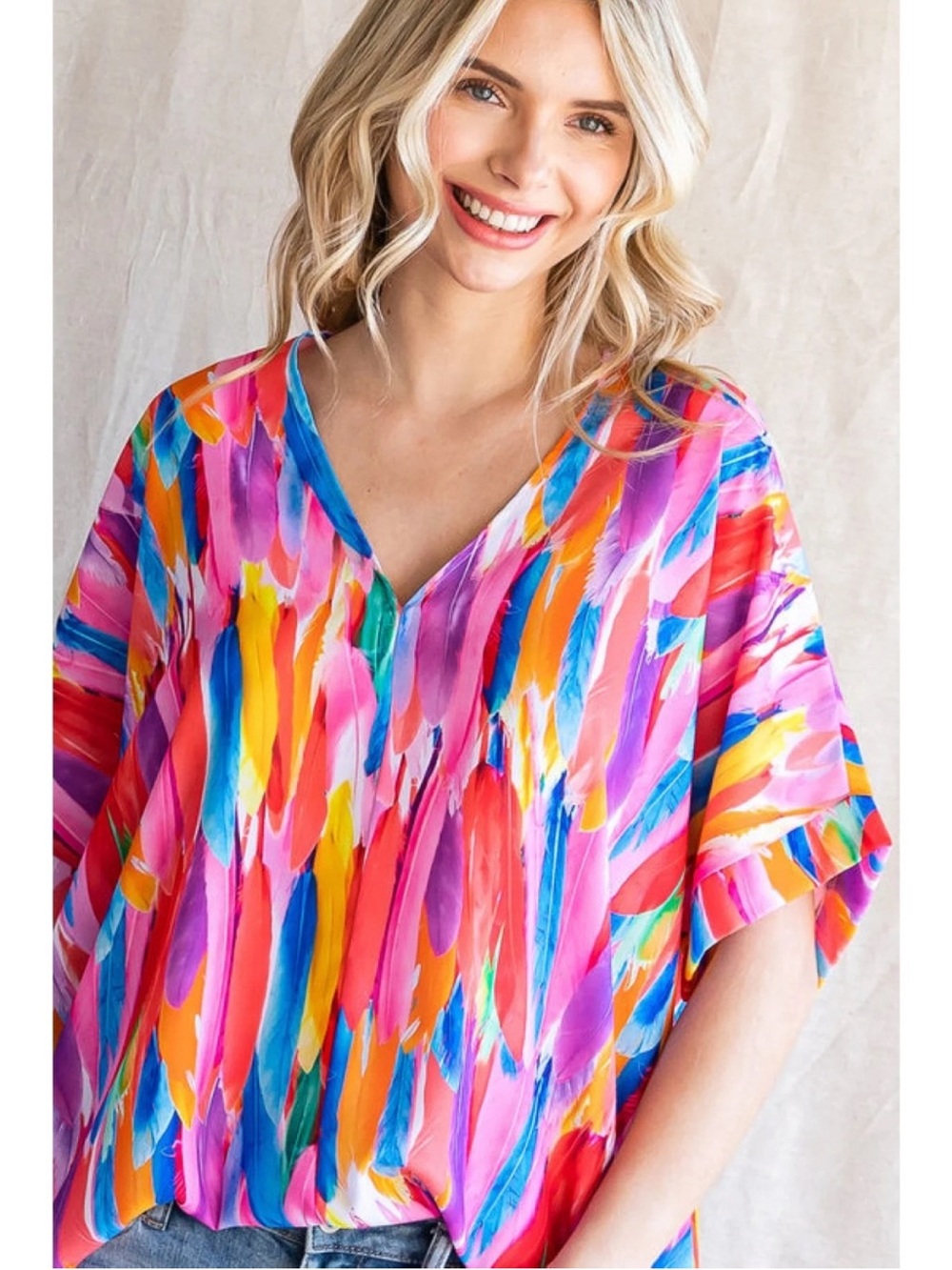 Jodifl Feather Print Blouse Size M Multicolor Oversized V Neck Boho Top